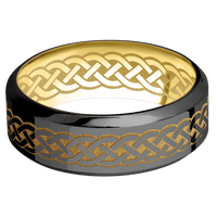 8mm wide High Bevel Black Titanium Ring with Polish Finish / Celtic 9 Design and Gold Cerakote Accents / 14k Yellow Gold Sleeve / Celtic 9 Interior Pattern