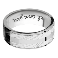 8mm wide Flat Titanium Ring with Polish Finish / One 7mm Centered Kuro Damascus Steel Inlay with Polish Kuro Damascus Finish / One 2mm Centered Palladium Silver Inlay with Polish Finish / Hand Writing Interior Pattern