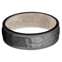 7mm wide Domed Milgrain Edges Black Titanium Ring with Hammer Finish / Antler Sleeve