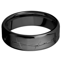 7mm wide Beveled Black Titanium Ring with Bead Blast Finish / Barb Wire Design and Black Accents