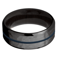 8mm wide Beveled Black Titanium Ring with Hammer Finish / One 1mm Centered Navy Blue Cerakote Inlay / Madagascar Rose Wood Sleeve