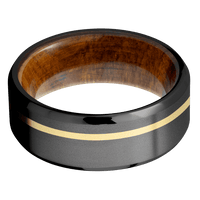 8mm wide Beveled Black Zirconium Ring with Bead Blast Finish / One 1mm Off Center 18k Yellow Gold Inlay with Bead Blast Finish / Desert Iron Wood Sleeve