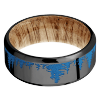 8mm wide Beveled Black Titanium Ring with Polish Finish / Trees Design and Sea Blue Cerakote Accents / Natural Oak Sleeve