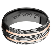 8mm wide Domed Sunset Damascus Steel Ring with Tumble Kuro Damascus Finish / Two 1mm Centered 14k Rose Gold Inlay with Polish Finish / Black Titanium Sleeve / Hand Writing Interior Pattern