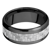 9mm wide Beveled Black Titanium Ring with Bead Blast Finish / One 5mm Centered Silver Texalium Inlay