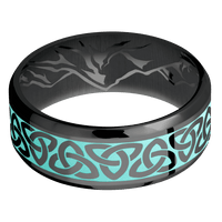 8mm wide Beveled Black Titanium Ring with Polish Finish / Celtic Trinity Design and Robins Egg Blue Cerakote Accents / None Interior Pattern