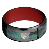 8mm wide Beveled Black Titanium Ring with Polish Finish / One 4mm Centered Black Mother of Pearl Inlay / USMC Red Cerakote Sleeve