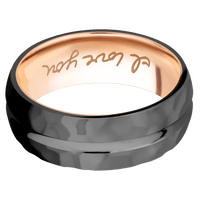 8mm wide Domed Center Concave Black Titanium Ring with Rock Polish Finish / 14k Rose Gold Sleeve / Hand Writing Interior Pattern