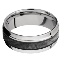 8mm wide Flat Wide Grooved Edges Titanium Ring with Polish Finish / One 3mm Centered Forged Carbon Fiber Inlay and Dark Grey Cerakote Accents