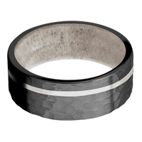 8mm wide Flat Black Titanium Ring with Hammer Finish / One 1mm Off Center Palladium Silver Inlay with Hammer Finish / Antler Sleeve