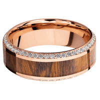 8mm wide High Bevel 14k Rose Gold Ring with Polish Finish / Bevel Eternity Round .01 carat Lab Grown Diamond Bead-Set Gemstones / One 4mm Centered Desert Iron Wood Inlay
