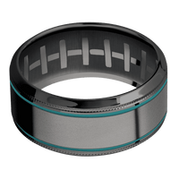 10mm wide High Bevel Milgrain Black Titanium Ring with Polish Finish / One 6mm Centered Darkened Tantalum Inlay with Bead Blast Finish and Teal Cerakote Accents / One 4mm Centered Platinum Inlay with Polish Finish / Football Interior Pattern
