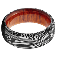 8mm wide Domed Bevel Marble Damascus Steel Ring with Tumble Kuro Damascus Finish / Pernambuco Sleeve