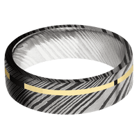 7mm wide Flat Damascus Steel Ring with Acid Damascus Finish / One 1mm Off Center 14k Yellow Gold Inlay with Polish Finish