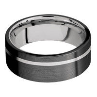 8mm wide Flat Black Zirconium Ring with Satin Finish / One 1mm Off Center 18k White Gold Inlay with Satin Finish / 18k White Gold Sleeve