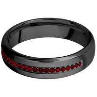 6mm wide Domed Bevel Black Titanium Ring with Bead Blast Finish / Half Eternity Round .015 carat Dark Ruby Bead-Set Gemstones