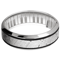 7mm wide High Bevel 18k White Gold Ring with Polish Finish / One 3mm Centered Meteorite Inlay and Black Cerakote Accents / Piano Interior Pattern