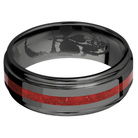 8mm wide Flat Rounded Edges Black Titanium Ring with Polish Finish / One 2mm Centered Coral Inlay / None Interior Pattern