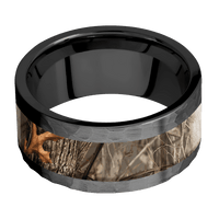 10mm wide Flat Black Titanium Ring with Hammer Finish / One 6mm Centered Kings Woodland Camo Inlay