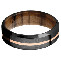 7mm wide High Bevel Black Titanium Ring with Distressed Finish / One 1mm Centered 14k Rose Gold Inlay with Polish Finish / Teak Sleeve