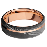 7mm wide Beveled Damascus Steel Ring with Acid Damascus Finish / One 1mm Off Center 14k Rose Gold Inlay with Satin Finish / 14k Rose Gold Sleeve