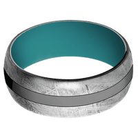 8mm wide Domed Black Zirconium Ring with Polish Finish / Two 3mm Off Center Edge Meteorite Inlay / Teal Cerakote Sleeve