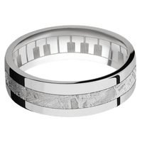 7mm wide Flat 18k White Gold Ring with Polish Finish / One 3mm Centered Meteorite Inlay / Piano Interior Pattern