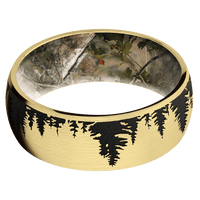 8mm wide Domed 10k Yellow Gold Ring with Satin Finish / Trees Design and Black Cerakote Accents / Kings Mountain Camo Sleeve