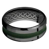 8mm wide Beveled Black Titanium Ring with Polish Finish / One 3mm Centered Highland Green Cerakote Inlay / Celtic 9 Interior Pattern