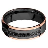 7mm wide Flat Grooved Edges Black Titanium Ring with Polish Finish / Two 1mm Edge 18k Rose Gold Inlay with Polish Finish / Half Eternity Round .03 carat Black Diamond Bead-Set Gemstones