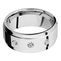 9mm wide Flat Wide Grooved Edges 14k White Gold Ring with Polish Finish / 3 Round .1 carat Standard Diamond Flush-Set Gemstones