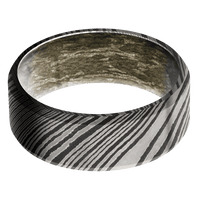 8mm wide Beveled Damascus Steel Ring with Acid Damascus Finish / MossyOak Bottomland Camo Sleeve