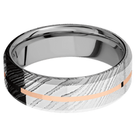 7mm wide Beveled Damascus Steel Ring with Polish Damascus Finish / One 1mm Centered 14k Rose Gold Inlay with Polish Finish / Titanium Sleeve