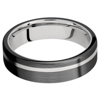 6mm wide Flat Black Zirconium Ring with Satin Finish / One 1mm Off Center 18k White Gold Inlay with Satin Finish / 18k White Gold Sleeve