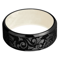 8mm wide Beveled Black Titanium Ring with Angle Satin Finish / Western Scroll Design / Freshwater Mother of Pearl Sleeve