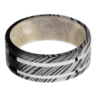 8mm wide Flat Damascus Steel Ring with Acid Damascus Finish / Two 1mm Centered 14k White Gold Inlay with Polish Finish / Antler Sleeve