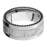 9mm wide Flat 14k White Gold Ring with Satin Finish / Side Eternity Round .01 carat Black Diamond Bead Channel-Set Gemstones / One 5mm Centered Meteorite Inlay