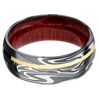 8mm wide Domed Kinetic Damascus Steel Ring with Tumble Kuro Damascus Finish / One 1mm Off Center 14k Yellow Gold Inlay with Polish Finish / Blood Wood Sleeve