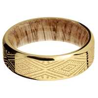 7mm wide Beveled 10k Yellow Gold Ring with Polish Finish / Aztec 1 Design / Natural Oak Sleeve