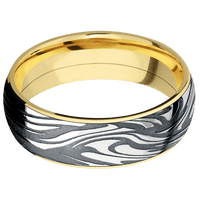 7mm wide Domed 14k Yellow Gold Ring with Polish Finish / One 6mm Centered Scale Damascus Steel Inlay with Tumble Kuro Damascus Finish