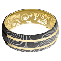 8mm wide Domed Flattwist Damascus Steel Ring with Acid Damascus Finish / Two 1mm Centered 14k Yellow Gold Inlay with Polish Finish / 10k Yellow Gold Sleeve / None Interior Pattern