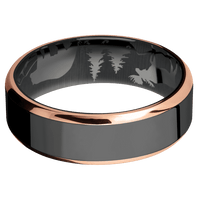 7mm wide Beveled Black Titanium Ring with Polish Finish / Two 1mm Edge 18k Rose Gold Inlay with Polish Finish / Bear Moose Deer Mountain Interior Pattern