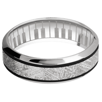 7mm wide High Bevel 18k White Gold Ring with Polish Finish / One 3mm Centered Meteorite Inlay and Black Cerakote Accents / Piano Interior Pattern
