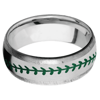 8mm wide Domed Meteorite Ring / One 5mm Centered 14k White Gold Inlay with Satin Finish / Baseball Inlay Design and Green Cerakote Inlay Design Accents / Titanium Sleeve