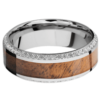 8mm wide High Bevel 10k White Gold Ring with Polish Finish / Bevel Eternity Round .01 carat Diamond Bead-Set Gemstones / One 4mm Centered Koa Inlay