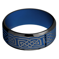 8mm wide Beveled Black Zirconium Ring with Polish Finish / Celtic 17 Design and Royal Blue Cerakote Accents / Royal Blue Cerakote Sleeve