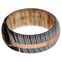 9mm wide Domed Bevel Damascus Steel Ring with Acid Damascus Finish / One 2mm Centered 14k Rose Gold Inlay with Sand Blast Finish / Natural Oak Sleeve