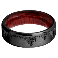 7mm wide Beveled Black Titanium Ring with Satin Finish / Trees Design / Blood Wood Sleeve