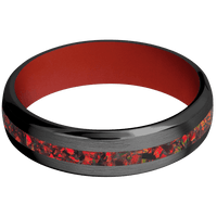 6mm wide Domed Bevel Black Titanium Ring with Satin Finish / One 2mm Centered Ruby Red Opal Inlay / Red Apple Cerakote Sleeve