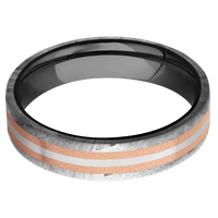 5mm wide Flat Meteorite Ring / One 3mm Centered 14k Rose Gold Inlay with Sand Blast Finish / One 1mm Centered 18k White Gold Inlay with Satin Finish / Black Zirconium Sleeve